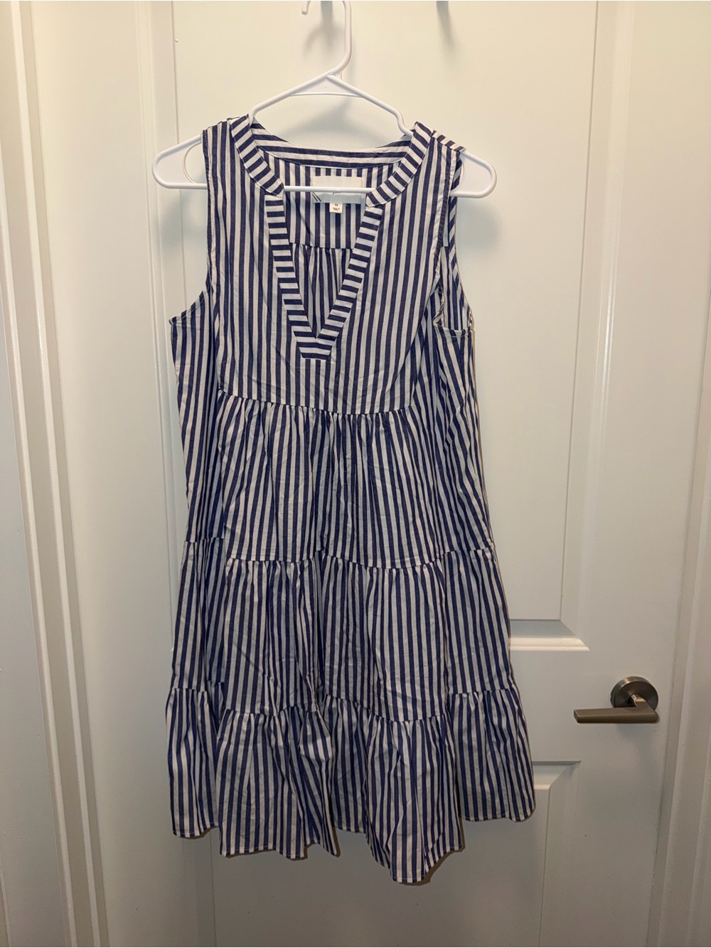 Pomander Place Navy and White Striped Tiered Sleeveless Dress